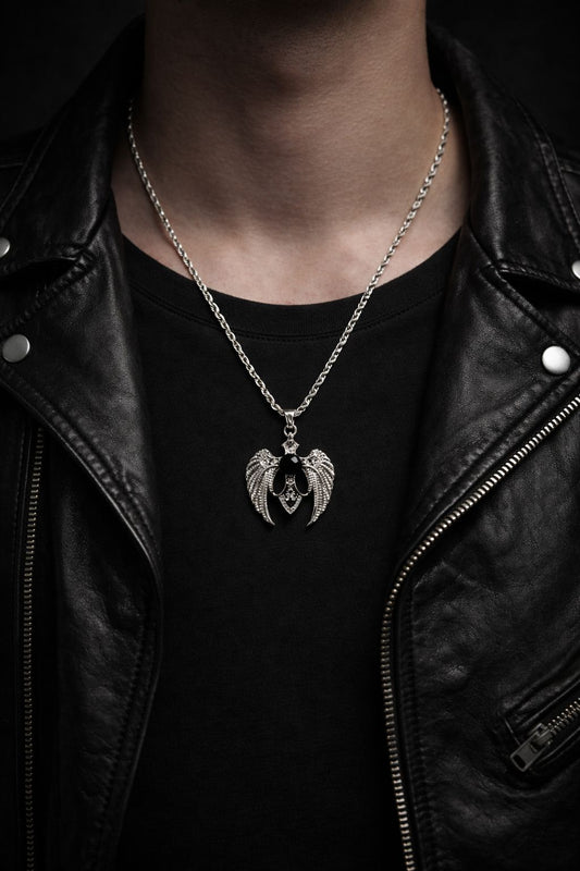 PREMIUM WINGS CROSS WITH STAINLESS STEEL CHAIN- BLACK