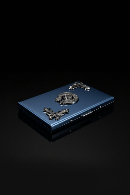 Blue Metal Card Case – Luxury Black Background
