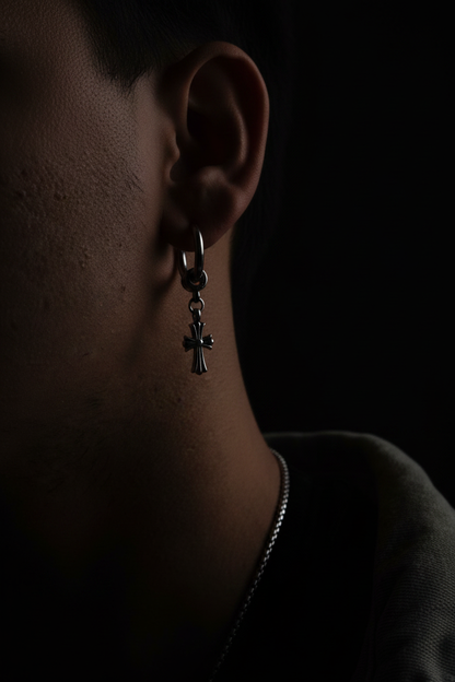 Gothic Cross Earring — Dark Background Editorial