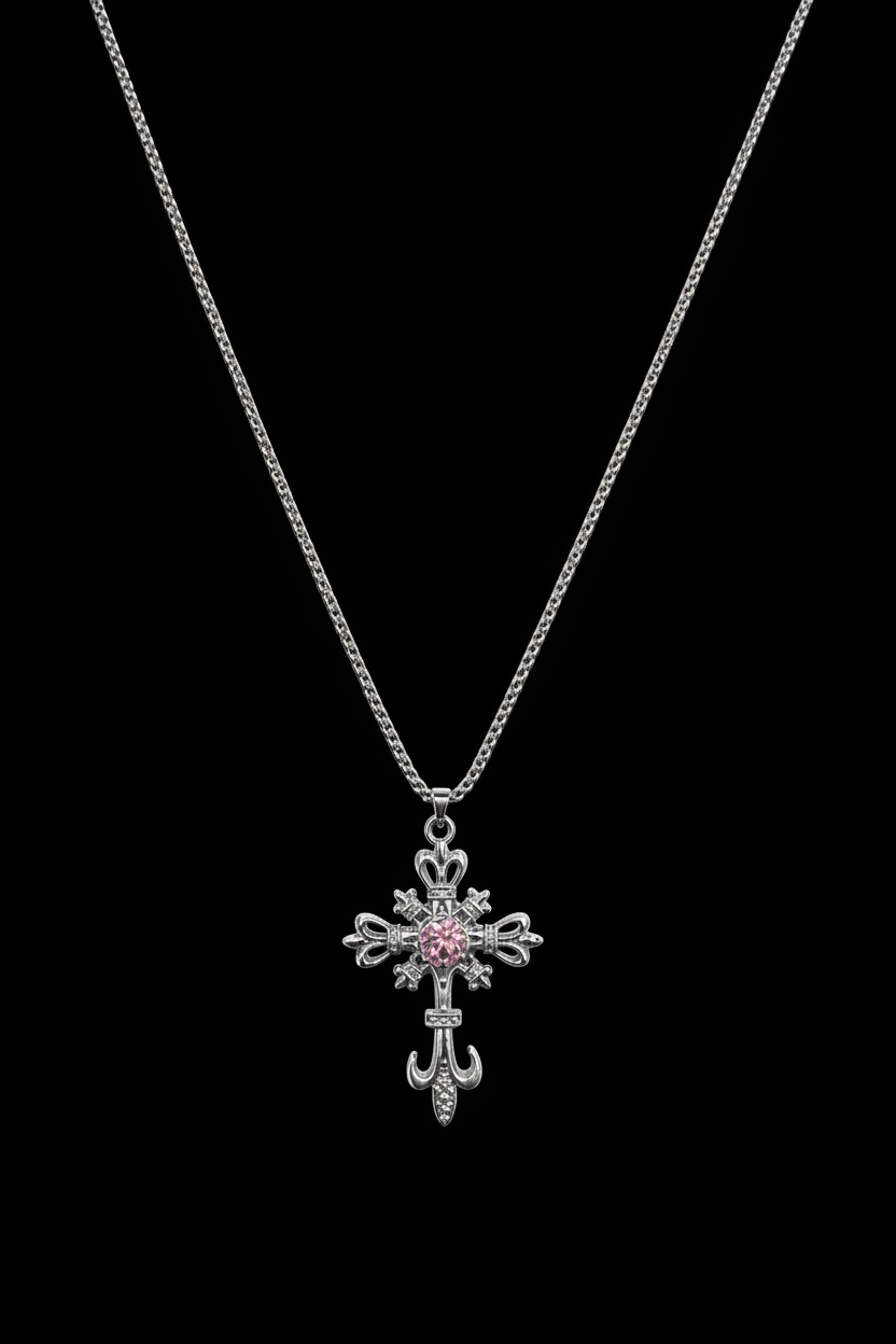 Gothic Cross Pink Gemstone – Black Background Product Shoot